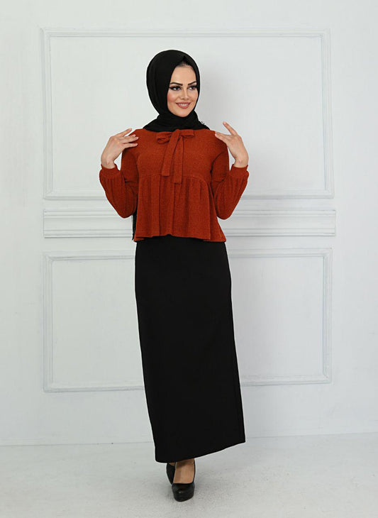 Mid-length swing tunic sweater - Rust